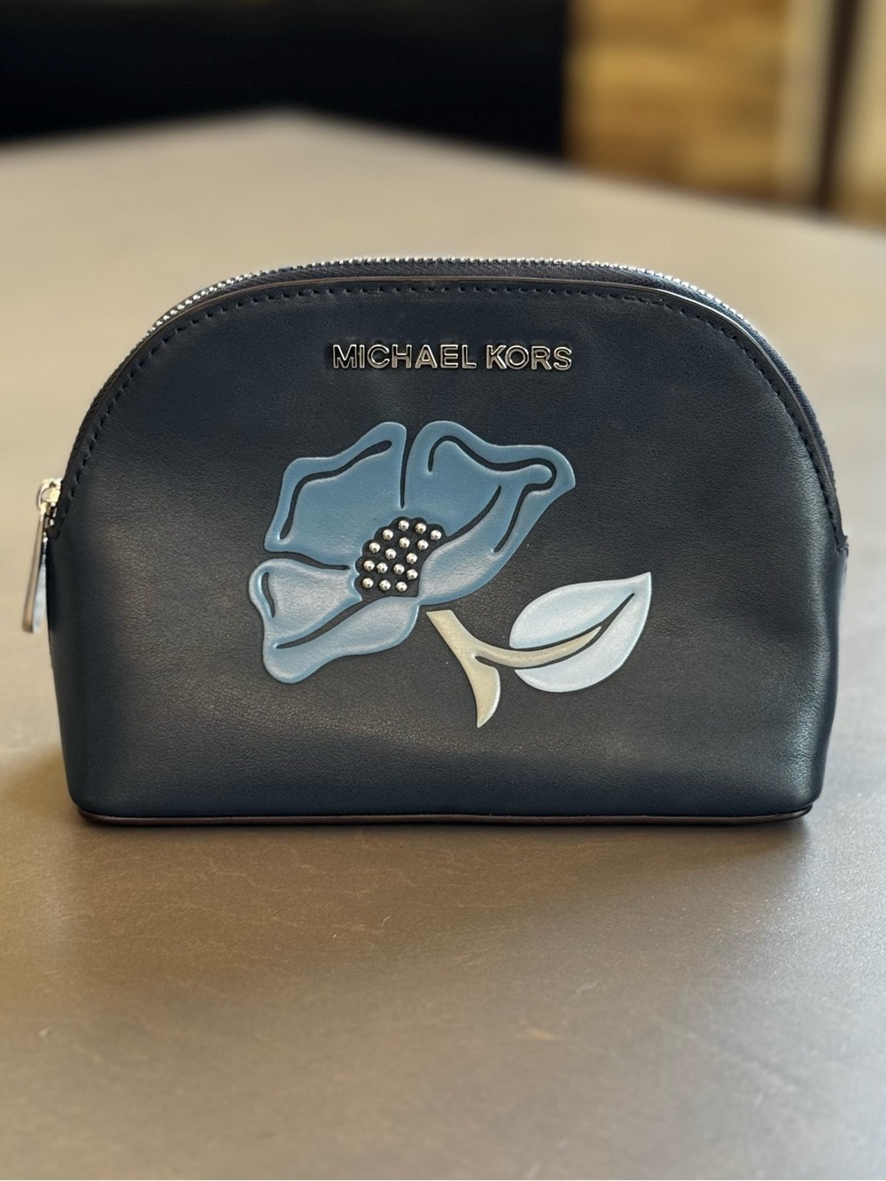 Michael Kors Navy Leather Floral Applique Cosmetic Case